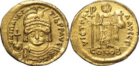 Maurice Tiberius (582-602).AV Solidus, Constantinople mint, 583-602.D/ Bust facing, diademed, helmeted, draped, cuirassed, holding globus cruciger.R/ ...