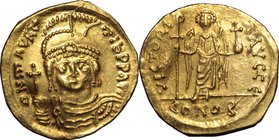 Maurice Tiberius (582-602).AV Solidus, Constantinople mint, 583-602.D/ Bust facing, diademed, helmeted, draped, cuirassed, holding globus cruciger.R/ ...