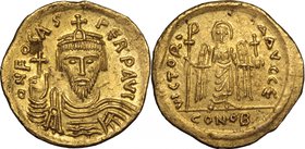Phocas (602-610).AV Solidus, Constantinople mint, 603-607.D/ Bust facing, crowned, draped, holding globus cruciger.R/ Victory standing facing, holding...