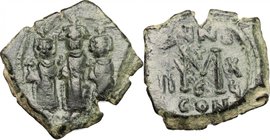 Heraclius (610-641).AE Follis, Constantinople mint, 625-626.D/ Heraclius, Heraclius Constantine (right) and Martina (left) standing facing; each crown...