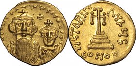 Constans II, with Constantine IV (641-668).AV Solidus, Constantinople mint, 654-659.D/ Busts facing, crowned; between, cross.R/ Cross potent on three ...