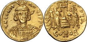 Constantine IV (668-685).AV Solidus, Constantinople mint, 674-681.D/ Bust three-quarter right, helmeted, cuirassed, holding spear behind neck and shie...