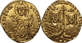 Basil I the Macedonian, with Constantine (868-879 AD).AV Solidus, Constantinople mint, 868-879.D/ Chris Pantokrator enthroned facing, cross-nimbed, ra...