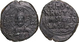 Basil II and Constantine VIII (976-1025).AE Follis, Constantinople mint, 976-1025.D/ Bust of Christ Pantokrator facing, cross-nimbate, holding book.R/...