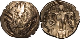 Andronicus II (1282-1328) with Michael IX (1295-1320).AV Hyperperon nomisma, Constantinople mint, 1295-1320.D/ Virgin Orans within city walls with fou...