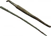 Lot of 2 bronze surgical instruments.
 Roman period, 1st-3rd century AD.
 90 mm, 83 mm.