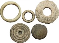 Lot of 5 bone gaming pieces.
 Roman period, 1st-4th century AD.
 From 32 mm to 17 mm.