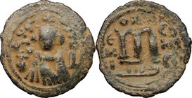 Arab-byzantine, Umayyad Caliphate, pre-reform coinage.AE Fals, Emesa mint, 41-77 H / 661-697 AD.D/ Facing bust of Byzantine emperor, holding globus cr...