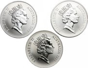 Australia.Elizabeth II (1952-).Lot of 3 AR 1 Dollar coins, 1993, 1996, 1997.KM 211.1, 297, 325.AR.Each coin contains 1 oz fine silver.FDC.