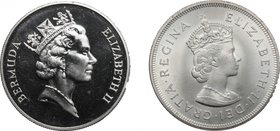 Bermuda.Lot of 2 AR coins; including: 1 Crown 1959 and 1 Dollar 1988.KM 13, 56a.AR.FDC - EF.