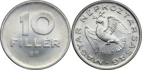 Hungary.AL 10 Fillér, Budapest mint, 1967.KM 572.AL.g. 0.65 mm. 18.00FDC.Legend: Népköztársaság (People's Republic).