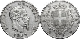 Italy.Vittorio Emanuele II (1861-1878).AR 5 Lire 1869, Milano mint.Mont. 171.AR. mm. 37.00VF.