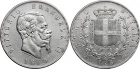 Italy.Vittorio Emanuele II (1861-1878).AR 5 Lire 1870, Milano mint.Mont. 172.AR. mm. 37.00VF.