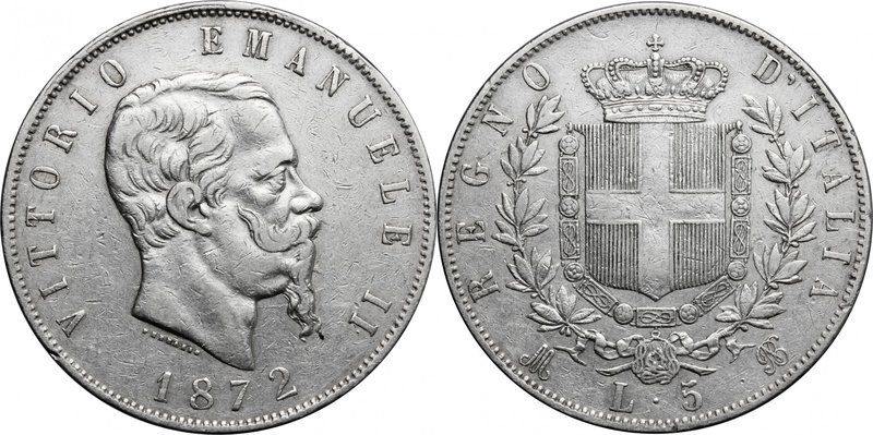 Italy.Vittorio Emanuele II (1861-1878).AR 5 Lire 1872, Milano mint.Mont. 177.AR....