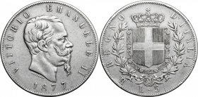 Italy.Vittorio Emanuele II (1861-1878).AR 5 Lire 1877, Roma mint.Mont. 189.AR. mm. 37.00VF.
