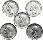 Italy.Vittorio Emanuele III (1900-1943).Lot of five (5) coins: AR 5 Lire 1926, 1927, 1928, 1929, 1930.Mont. 117/125.AR.Good condition