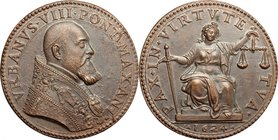 Italy.Urban VIII (1623-1644), Maffeo Barberini.AE Medal, 1623.D/ Bust right.R/ Peace seated facing, holding sword and scales.Bart. E. 624.AE.g. 19.82 ...