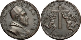 Italy.Innocence X (1644-1655), Giovanni Battista Pamphili.AE Medal, 1654.D/ Bust right.R/ Two putti holding a large cross.Mazio 246.AE.g. 15.00 mm. 30...