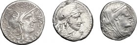 Multiple lot of 3 Roman Republican AR Denarii; including: Cr. 285/2, Cr. 345/1 and Cr. 348/2.AR.About VF.