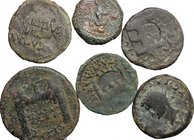 Roman Empire. Hispania, Augustus to Tiberius.Multiple lot of six (6) unclassified AE Asses and Dupondii, mostly of Emerita Augusta mint.AE.F.