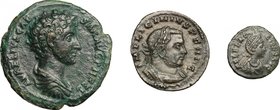 Roman Empire.Multiple lot of three (3) unclassified AE coins: Marcus Aurelius, AE As; Licinius I, AE 20 mm; Aelia Flaccilla, AE 13 mm.AE.Good VF:VF.