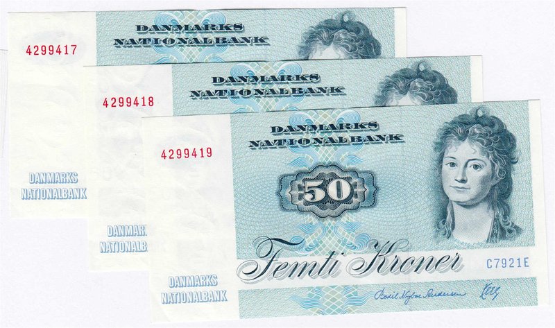 Banknoten
Ausland
Dänemark
3 X 50 Kroner mit fortlaufenden Nummern, Serie 197...