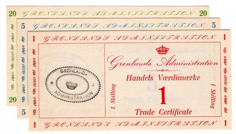 Banknoten
Ausland
Grönland
3 Scheine: 1, 5 und 20 Skilling Handels Vaerdimaer...