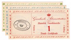 Banknoten
Ausland
Grönland
3 Scheine: 1, 5 und 20 Skilling Handels Vaerdimaerke o.J.(1942). I