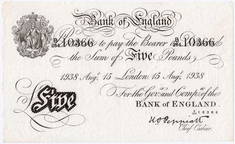 Banknoten
Ausland
Großbritannien
5 Pounds 15.8.1938. London Bank of England. ...
