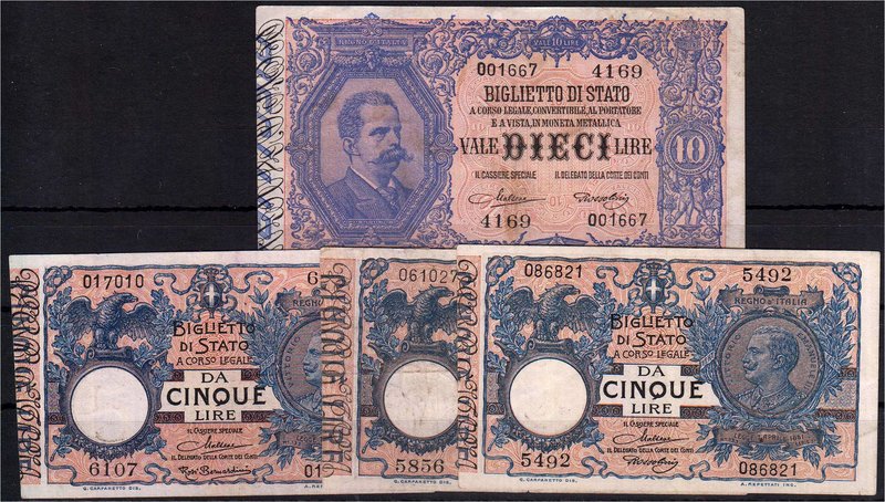 Banknoten
Ausland
Italien
4 Scheine: 10 Lire 5.2.1888, 3 X 5 Lire 19.10.1904....