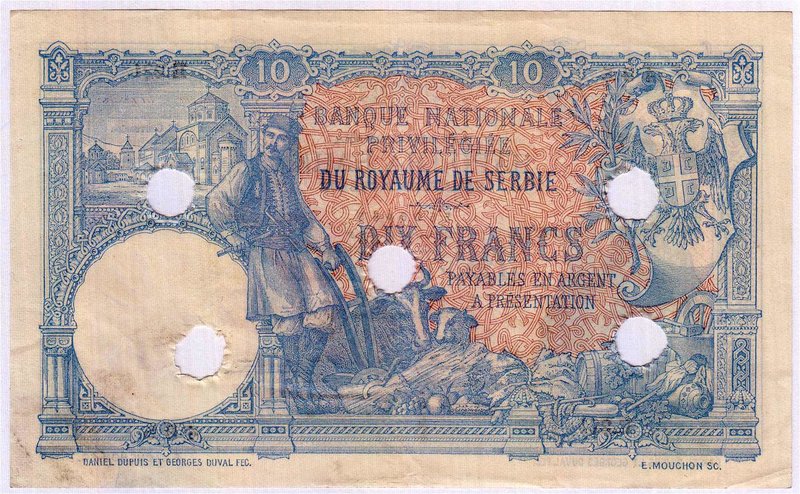Banknoten
Ausland
Serbien
10 Dinara 2.1.1893. Lochentwertung.
II, selten