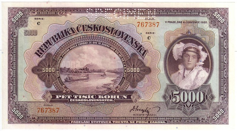 Banknoten
Ausland
Tschechoslovakei
5000 Korun 1920 Serie C, Specimen.
I, sel...