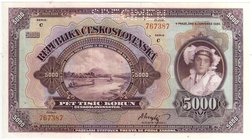 Banknoten
Ausland
Tschechoslovakei
5000 Korun 1920 Serie C, Specimen.
I, selten