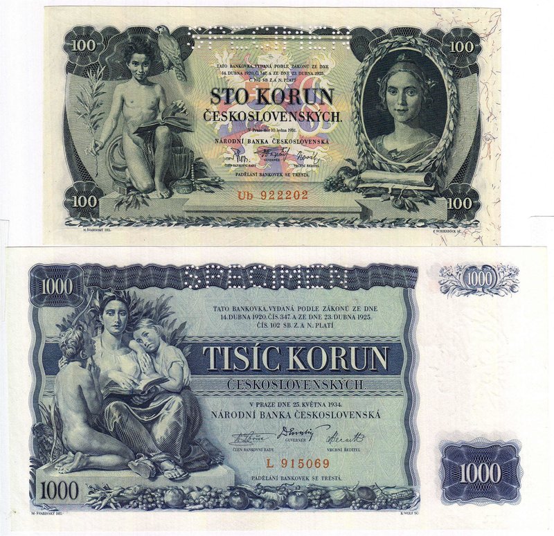 Banknoten
Ausland
Tschechoslovakei
2 Scheine: 100 Korun 1931 und 1000 Korun 1...