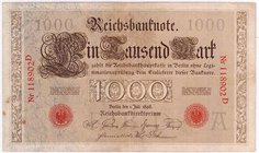 Banknoten
Die deutschen Banknoten ab 1871 nach Rosenberg
Deutsches Reich, 1871-1945
1000 Mark 1.7.1898. Serie A/D.
III, stockfleckig