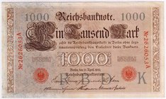 Banknoten
Die deutschen Banknoten ab 1871 nach Rosenberg
Deutsches Reich, 1871-1945
1000 Mark 21.04.1910. Serie K/A.
II-III