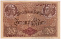 Banknoten
Die deutschen Banknoten ab 1871 nach Rosenberg
Deutsches Reich, 1871-1945
20 Mark 05.08.1914. Kn. 7-stellig, Serie W.
I-II