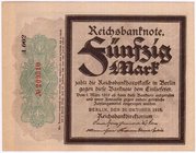 Banknoten
Die deutschen Banknoten ab 1871 nach Rosenberg
Deutsches Reich, 1871-1945
50 Mark 20.10.1918. "Trauerschein" Kn. 6-stellig, A 002.
I-