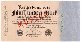 Banknoten
Die deutschen Banknoten ab 1871 nach Rosenberg
Deutsches Reich, 1871-1945
500 Mark 07.07.1922 - 01.04.1923. Kn. 8-stellig, Serie H, Aufdr...