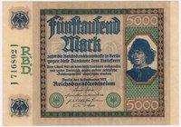 Banknoten
Die deutschen Banknoten ab 1871 nach Rosenberg
Deutsches Reich, 1871-1945
5000 Mark 16.9.1922. Serie J.
I