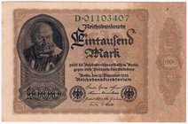 Banknoten
Die deutschen Banknoten ab 1871 nach Rosenberg
Deutsches Reich, 1871-1945
1000 Mark 15.12.1922 ohne Bogen-Wz. Serie D.
I-