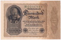 Banknoten
Die deutschen Banknoten ab 1871 nach Rosenberg
Deutsches Reich, 1871-1945
1000 Mark 15.12.1922 ohne Bogen-Wz. Serie H.
I-