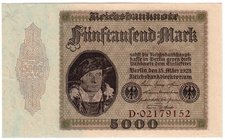 Banknoten
Die deutschen Banknoten ab 1871 nach Rosenberg
Deutsches Reich, 1871-1945
5000 Mark 15.3.1923. Serie D.
I-II