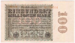 Banknoten
Die deutschen Banknoten ab 1871 nach Rosenberg
Deutsches Reich, 1871-1945
100 Mio. Mark 22.8.1923. Kn. 6-stellig, Serie YZ-D.
II