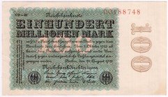 Banknoten
Die deutschen Banknoten ab 1871 nach Rosenberg
Deutsches Reich, 1871-1945
100 Mio. Mark 22.08.1923. Kn. 8-stellig, Wz. Ringe., Fz. CD.
I...