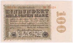 Banknoten
Die deutschen Banknoten ab 1871 nach Rosenberg
Deutsches Reich, 1871-1945
100 Mio. Mark 22.8.1923. Kn. 5-stellig, Serie YZ-R.
I-, links ...