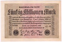 Banknoten
Die deutschen Banknoten ab 1871 nach Rosenberg
Deutsches Reich, 1871-1945
50 Mio. Mark 1.9.1923. Kn. 6-stellig, dunkelblau.
I-