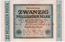 Banknoten
Die deutschen Banknoten ab 1871 nach Rosenberg
Deutsches Reich, 1871-1945
20 Mrd. Mark 1.10.1923. Wz. Hakensterne, 6-stellig, Serie ST-41...