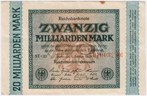 Banknoten
Die deutschen Banknoten ab 1871 nach Rosenberg
Deutsches Reich, 1871-1945
Fehldruck, 20 Mrd. Mark 1.10.1923 WZ. Hakensterne, KN 6stellig,...