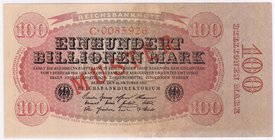 Banknoten
Die deutschen Banknoten ab 1871 nach Rosenberg
Deutsches Reich, 1871-1945
100 Bio. Mark 26.10.1923. Kn 7-stellig, Serie C., mit rotem Auf...